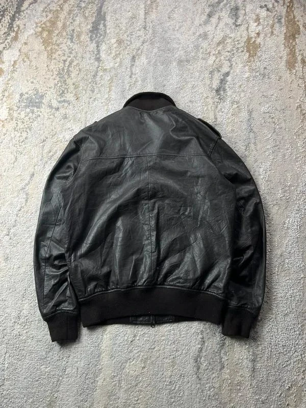 Jaqueta bomber marrom de couro preto com zíper duplo Franklin & Marshall tamanho – photo 7